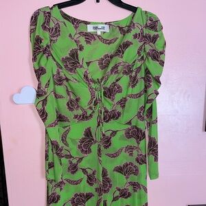 Green with Black and Pink Flower dress, Diane Von Furstenberg, size large.
